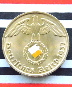 GERMAN COIN 1937 D 10 REICHSPFENNIG SWASTIKA BRASS 3RD REICH WW2 + UNC + PFENNIG