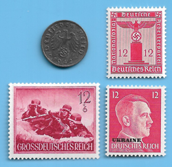 GERMANY WW2 1942 F 1 RPF SWASTIKA COIN & HITLER SWASTIKA STAMP LOT WW2 ERA #99