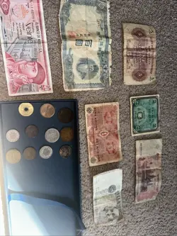 WW2 FRENCH 2 FRANC 1944 AND LOT OF ASIAN VINTAGE CURRENCY BILLS AND COINS