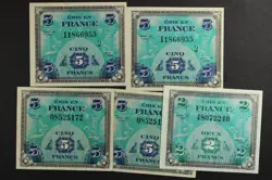 MIXED FOREIGN WORLD CURRENCY PAPER MONEY LOT OF 5 BANKNOTES ... FRANCE ... WW2