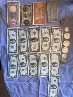 VINTAGE CURRENCY & COIN COLLECTION - PEACE DOLLAR, SILVER BAR, WW2 NOTES 20+ LOT