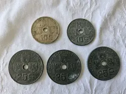 BELGIUM COINS WW2 ERA X5 25C/10C