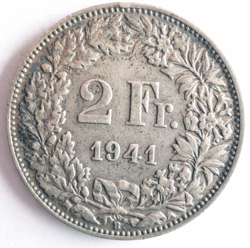 1941 SWITZERLAND 2 FRANCS - AU - WW2 DATE SILVER COIN - LOT #U8