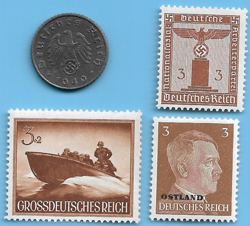 GERMANY WW2 1940 A 5 RPF SWASTIKA COIN & HITLER SWASTIKA STAMP LOT WW2 ERA #1