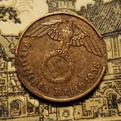 GERMANY 1938 J 2  REICHSPFENNIG   COIN 3RD REICH WW2 PFENNIG RP *DAMAGED*