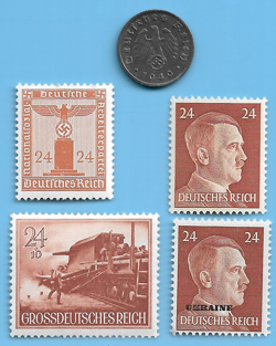 GERMANY WW2 1940 F 1 RPF SWASTIKA COIN & HITLER SWASTIKA STAMP LOT WW2 ERA #2