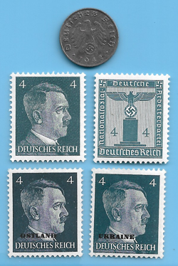 GERMANY WW2 1942 E 1 RPF SWASTIKA COIN & HITLER SWASTIKA STAMP LOT WW2 ERA #2