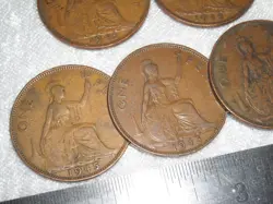 LOT OF 5 WW2 GREAT BRITAIN 1945 UK 1 CENT LARGE PENNY BRITISH COPPER WAR PENNIES