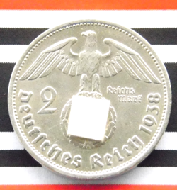 GERMAN 2 REICHSMARK 1938 B SWASTIKA HINDENBURG SILVER COIN 3RD REICH WW2 MARK BU