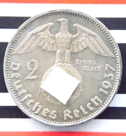 GERMAN 2 REICHSMARK 1937 A HINDENBURG SWASTIKA SILVER COIN 3RD WW2 RARE MARK UNC