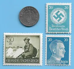 GERMANY WW2 1940 F 1 RPF SWASTIKA COIN & HITLER SWASTIKA STAMP LOT WW2 ERA #3