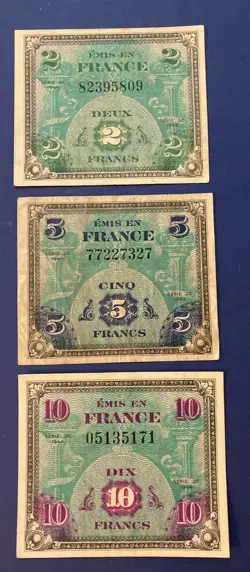 3  MIXED MILITARY CURRENCY  FRANCE 1943/1944 WW2   3 BANKNOTE LOT
