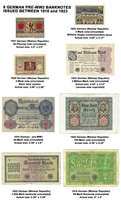 8 PRE-WW2 GERMAN CURRENCY NOTES: 7 FROM 1919 TO 1923 WEIMAR REPUBLIC + 1 PRE-WW1