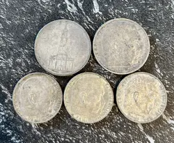 5 X PRE WW2 GERMAN SILVER COINS INC 2 X 5 MARKS & 3 X 2 MARKS