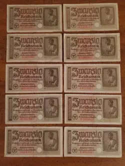 WWII GERMANY 20 REICHSMARK - WAR NOTE 10 LOT GERMAN COLLECTIBLE WW2 COLLECTION#2