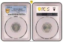 PCGS MS65 1 PFENNIG 1944 A SWASTIKA GERMANY THIRD REICH J-369 COIN WW2 PFG UNC
