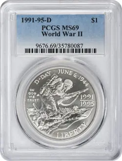 1991-1995-D 1993 WWII WORLD WAR 2 SILVER COMMEMORATIVE DOLLAR MS69 PCGS