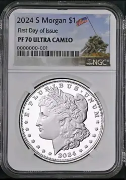 2024 S PROOF MORGAN SILVER DOLLAR NGC PF70  FIRST DAY ISSUE FDI  , IWO JIMA WW2