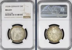 NGC MS63+ 1939-B 5 MK REICHSMARK HINDENBURG J-367 THIRD REICH SILVER GERMANY WW2