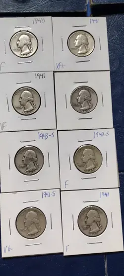 EIGHT (8) WW2 ERA WASHINGTON 90% SILVER QUARTERS PHILADELPHIA AND SAN FRANCISCO