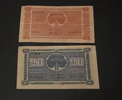 2 POST WW2 WWII CURRENCY BANKNOTE FINLAND 10 & 20 MARKKAA BANKNOTE 1945 SCARCE