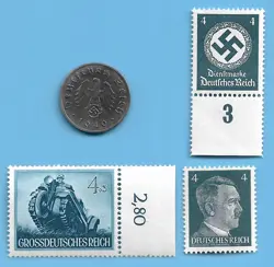 GERMANY WW2 1940 F 10 RPF SWASTIKA COIN & HITLER SWASTIKA STAMP LOT WW2 ERA #8