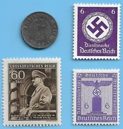 GERMANY WW2 1941 G 1 RPF SWASTIKA COIN & HITLER SWASTIKA STAMP LOT WW2 ERA #10