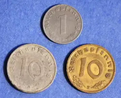 LOT OF 3 GERMAN WORLD WAR 2 ERA  1 & 10 PFENNIGS 1939, '40, '42  DEUTSCHES REICH