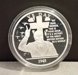HISTORY OF BRITAIN 1OZ FINE SILVER PROOF MEDALLION - 1945 WW2 VE DAY CHURCHILL