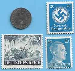 GERMANY WW2 1941 J 1 RPF SWASTIKA COIN & HITLER SWASTIKA STAMP LOT WW2 ERA #11