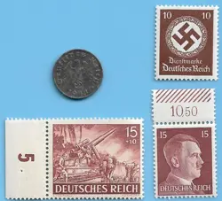 GERMANY WW2 1941 D 1 RPF SWASTIKA COIN & HITLER SWASTIKA STAMP LOT WW2 ERA #11