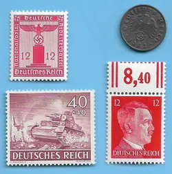 GERMANY WW2 1942 F 1 RPF SWASTIKA COIN & HITLER SWASTIKA STAMP LOT WW2 ERA #3