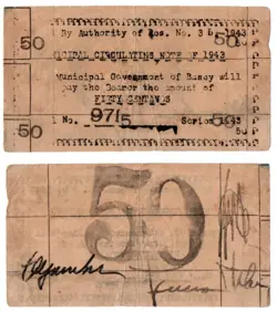 PHILIPPINES 1943 BASAY SAMAR WW2 MUNICIPALITY EMERGENCY ISSUE NOTE 50C SMR-214A