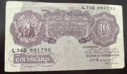1940-1948 CIRCULATED 10 SHILLINGS EMERGENCY WW2 BRITISH BANKNOTE