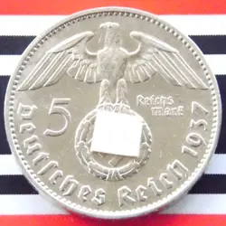 GERMAN 5 REICHSMARK 1937 J SWASTIKA HINDENBURG SILVER COIN 3RD REICH WW2 MARK BU