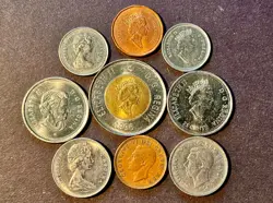 WW2 1941 NICKEL, CANADA COIN LOT 9 DIFFERENT 1, 5, 10, 25 CENTS, 2 DOLLAR TOONIE