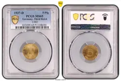 PCGS MS65 5 PFENNIG 1937 D SWASTIKA GERMANY THIRD REICH J-363 COIN WW2 5 PFG UNC