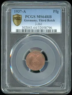 PCGS MS64RB 1937-A 1 PFENNIG PFG GERMANY, THIRD REICH J.361 WW2