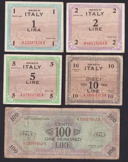 ITALY 5 BANKNOTES (WW2 MILITARY) 1943 (SEE SCANS FOR CONDITION) #65