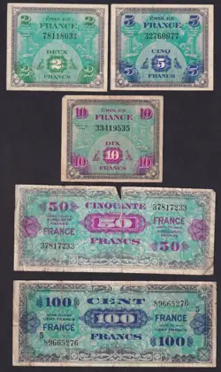 FRANCE 5 BANKNOTES (WW2 MILITARY) 1944 (SEE SCANS FOR CONDITION) #47