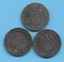 GERMAN THIRD REICH 1941 1942 1943 1, RPF SWASTIKA EAGLE COIN LOT WW2 ERA #13
