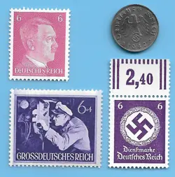 GERMANY WW2 1942 A 1 RPF SWASTIKA COIN & HITLER SWASTIKA STAMP LOT WW2 ERA #13