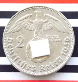 GERMAN 2 REICHSMARK 1936 D SWASTIKA HINDENBURG SILVER COIN 3RD WW2 RARE MARK