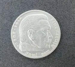 1936 E WW2 GERMAN 5 REICHSMARK COIN, THIRD REICH, VON HINDENBURG, SWASTIKA