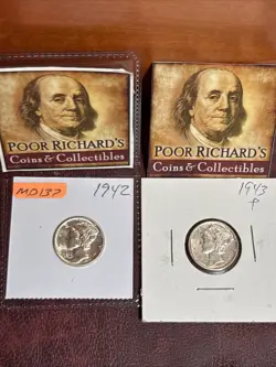 2 WW2 ERA BEAUTIES! 90% SILVER MERCURY DIMES. SUPER NICE! MD137