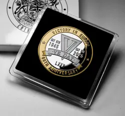 VE-DAY 80TH ANNIVERSARY SILVER & 24CT GOLD COMMEMORATIVE COIN. CASE. VICTORY/WW2