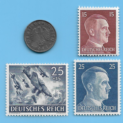 GERMANY WW2 1942 G 1 RPF SWASTIKA COIN & HITLER SWASTIKA STAMP LOT WW2 ERA #20