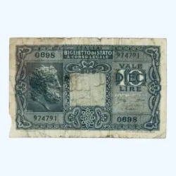 1944 ITALY (STATE) OLD ITALIAN 10 LIRE (LIRA) ITALIA BANKNOTE JUPITER WW2 (COIN)