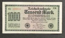 1922 GERMANY 1000 MARK POST WW1 PRE WW2 BANKNOTE PAPER MONEY KAISER INFLATION