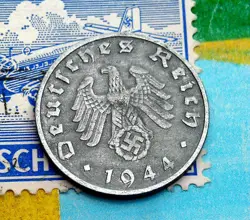 XX-RARE D-DAY YEAR 1944-B WW2 NAZI GERMANY 1 PF SWASTIKA COIN & STAMP LOT